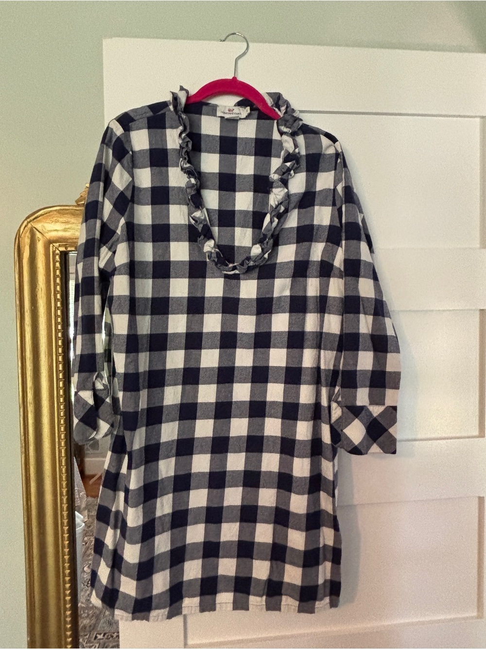 Navy and White Buffalo Check Ruffle Neck Dress